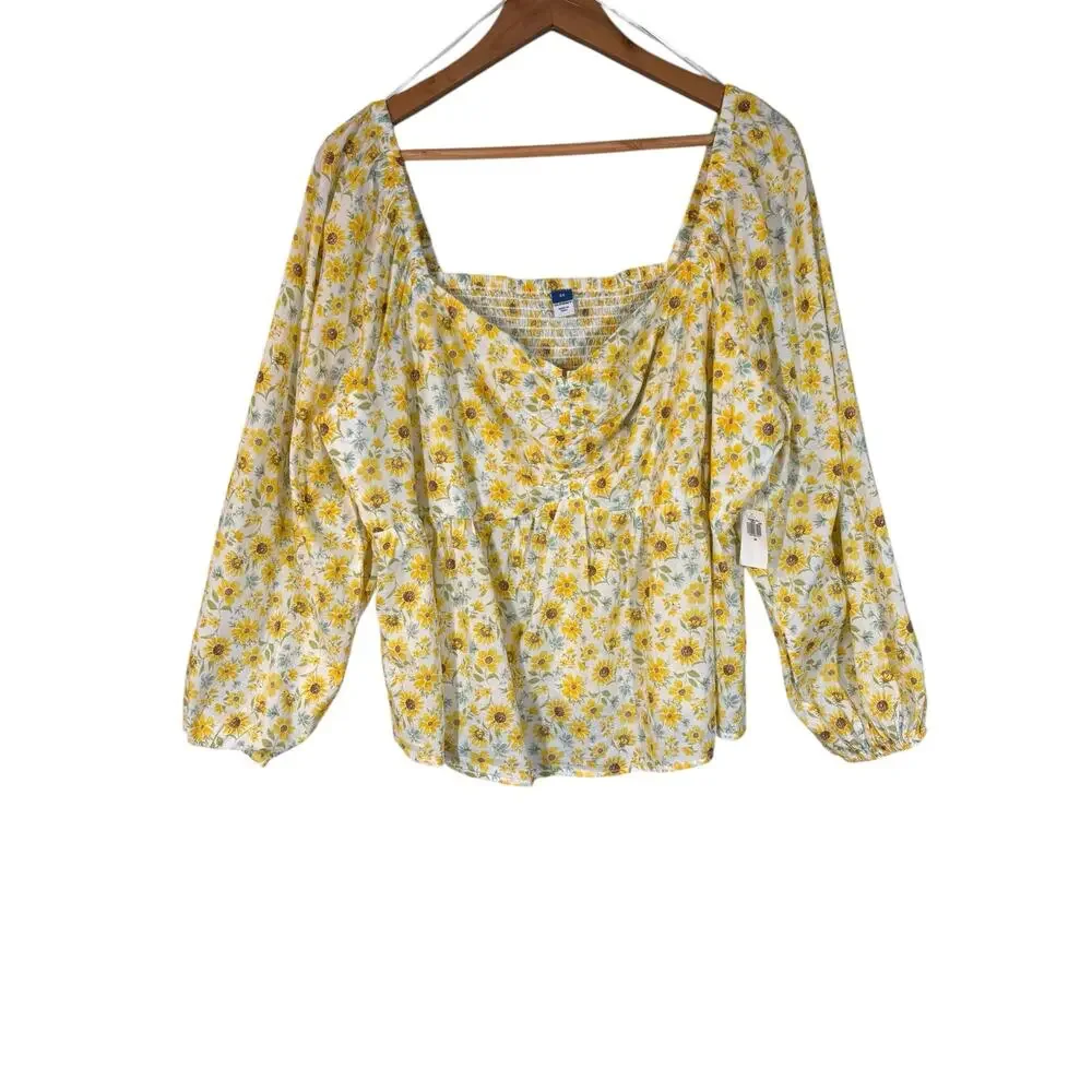 NWT Old Navy Cotton Sunflower Print‎ Babydoll Peasant Top Smocked 2X Blouse Plus